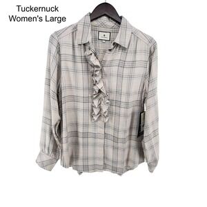 NWT Tuckernuck Women's Large Tan Plaid Ruffle Front Button Down Shirt